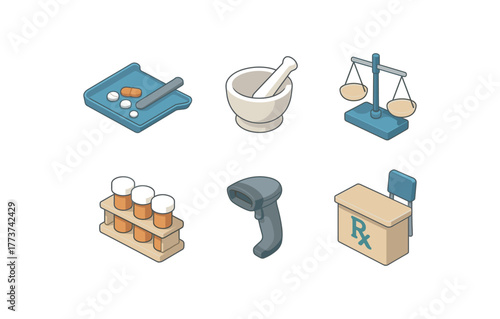isometric icon items isolated on white background pharmacist pill tray pharmacist mortar and pestle set pharmacist compounding balance scale pharmacist prescription vial rack pharmacist NDC