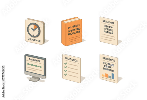 isometric icon items isolated on white background diligence focus timer app widget diligence operating procedure manual diligence review meeting agenda diligence milestone tracker dashboard