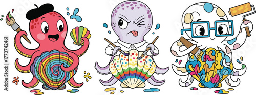Cute cartoon octopus artists painting colorful seashells with brushes and rollers, funny creative sea animal illustration for kids and education