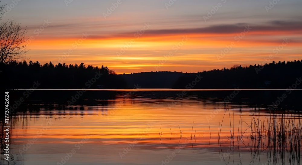 Fototapeta premium Serene lake at twilight with sky in radiant orange and crimson glow