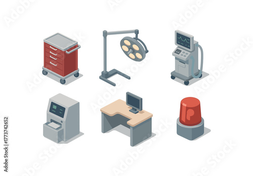 isometric icon items isolated on white background emergency room resuscitation cart assembly emergency room traumabay light array emergency room ventilator control module emergency room