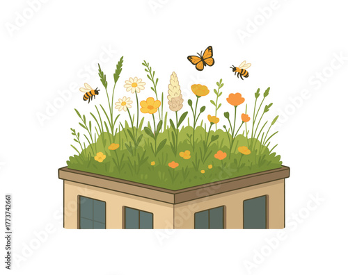 rooftop meadow rewilded urban space and pollinator habitat flat vector illustration style isolated on white background