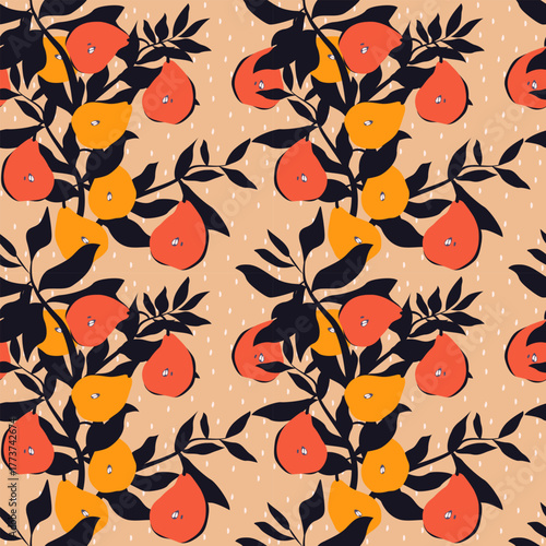 Seamless pattern of pear branches on a beige background