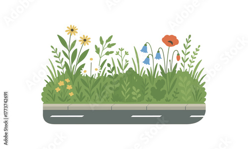 wildflower street verge natural vegetation and ecological city design flat vector illustration style isolated on white background