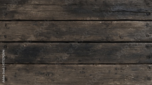 Aged wooden planks displaying rugged texture and darkened patches, creating rustic charm. Weathered surface suggests historical wear, adding character. Viewed from front. Neural network AI generated
