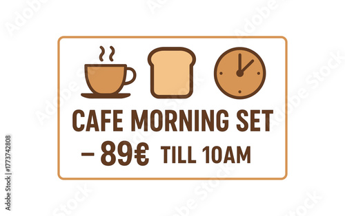 Flat vector banner design text CAFE MORNING SET 89₴ TILL 10AM supporting icons of cup toast and clock beige and caramel tones