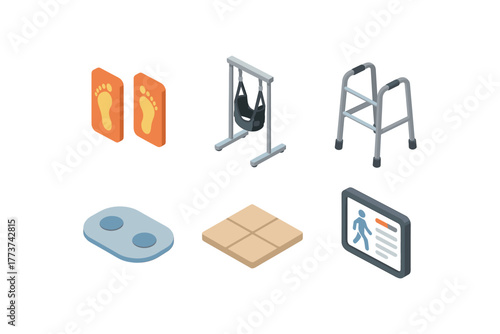 isometric icon items isolated on white background walking therapy visual cue markers walking therapy harness support frame walking therapy mobilitywalker frame walking therapy