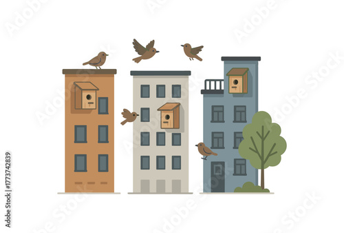 bird nest boxes on buildings urban wildlife support and rewilding action flat vector illustration style isolated on white background