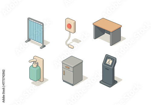 isometric icon items isolated on white background ward patientcubicle privacy curtain ward nursecall cord unit ward chartingstation desk ward handsanitizer dispenser ward bedsidelocker