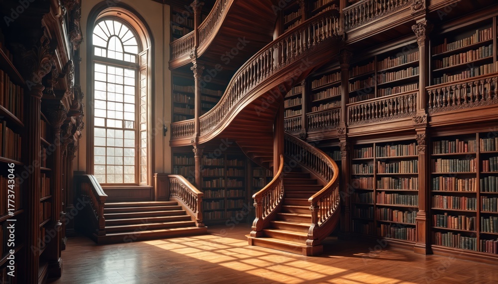 Obraz premium Grand wooden spiral staircase in majestic library filled with bookshelves. Large tall window lets in natural light. Ornate wooden details, rows of books create rich atmosphere. Wooden floor,
