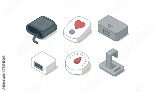 isometric icon items isolated on white background blood pressure monitor cuff Velcro strap blood pressure monitor heartrate sensor pad blood pressure monitor battery compartment cover blood