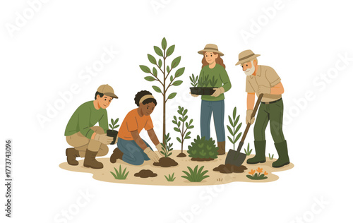 community rewilding volunteers planting native species and restoring habitats flat vector illustration style isolated on white background