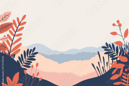 Vector art background of a serene natural scenery with stunning mountains and lush greenery, tranquil and colorful environment rich in intricate details, evoking a sense of peacefulness and beauty