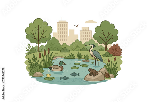 urban pond ecosystem city nature restoration and biodiversity hub flat vector illustration style isolated on white background