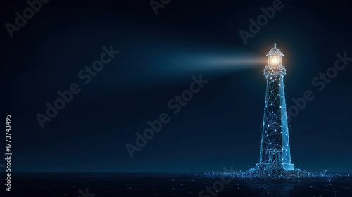 Abstract digital lighthouse with a bright beam on a dark blue technology background in a futuristic style.