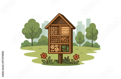 insect hotel city park biodiversity support and pollinator conservation flat vector illustration style isolated on white background