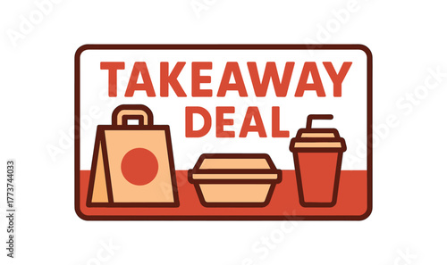 Flat vector banner design text TAKEAWAY DEAL supporting icons of bag cup and box red and beige palette