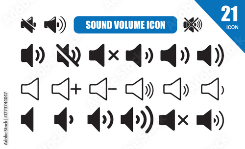 Volume icon set in black Volume and sound level icon set, speaker audio symbols, sound wave increasing, loudspeaker vector illustration eps 10