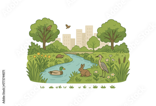 reclaimed canal ecosystem urban biodiversity corridor and habitat creation flat vector illustration style isolated on white background