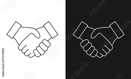 Minimalist Handshake Line Art Icon, a Simple Symbol for Agreement, Partnership, and Business Deals, Modern Vector Graphic for Greetings, Cooperation, and Trust, Black and White Versions.