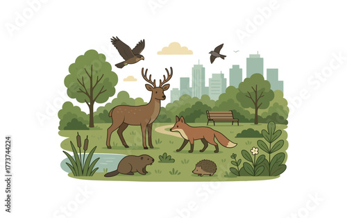 reintroduced native species urban park rewilding and biodiversity increase flat vector illustration style isolated on white background