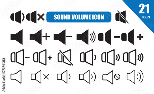 Volume icon set in black Volume and sound level icon set, speaker audio symbols, sound wave increasing, loudspeaker vector illustration eps 10