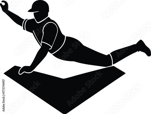 Baseball player sliding into base silhouette on white
