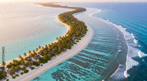 Aerial drone flight over a long tropical island atoll