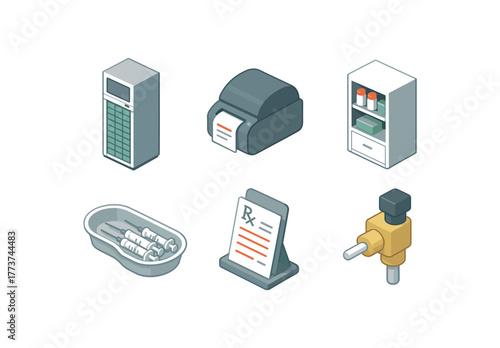 isometric icon items isolated on white background medication dispensing electronic cabinet medication dispensing labeling printer medication dispensing inventory module medication