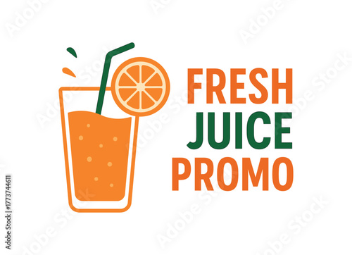 Flat vector banner design text FRESH JUICE PROMO supporting icons of glass straw and fruit slice orange and green tones