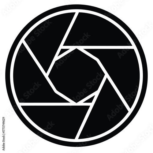 Black and white camera lens aperture icon for photography and design