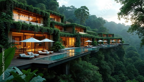 Wallpaper Mural Luxury resort sits on cliff edge in lush jungle. Infinity pool overlooks dense green forest canopy. Modern villas offer private balconies and serene nature views. Torontodigital.ca