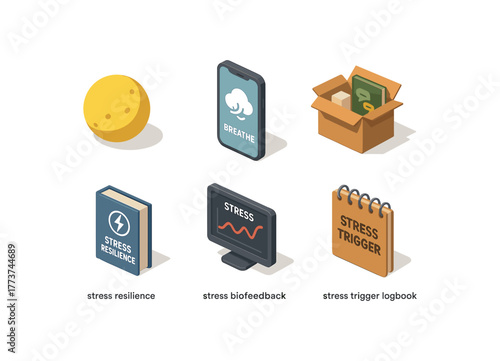 isometric icon items isolated on white background stress relief squeeze ball stress reduction breathing app stress management workshop kit stress resilience training manual stress