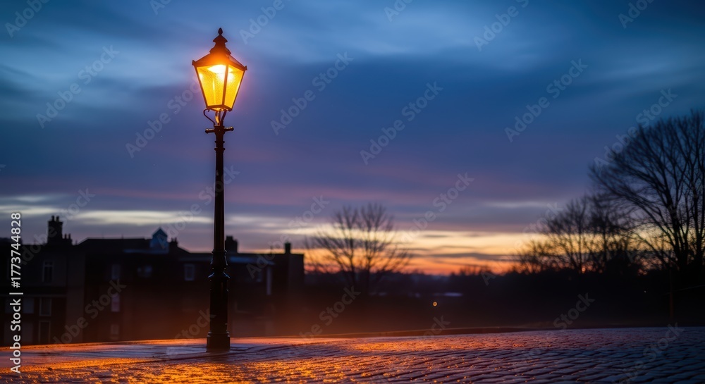 Obraz premium Vintage street lamp illuminated at dusk in serene urban landscape