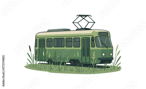 green tramway with wild grasses rewilding transport infrastructure flat vector illustration style isolated on white background