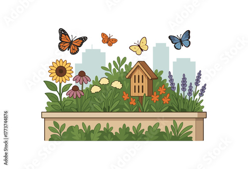 butterfly garden on urban rooftop pollinator habitat and biodiversity boost flat vector illustration style isolated on white background