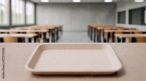 Empty plastic tray on table lunchroom setting school environment standard view focus on dining experience