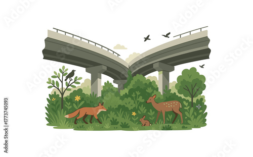 rewilding under highway overpass nature reclamation and urban biodiversity flat vector illustration style isolated on white background