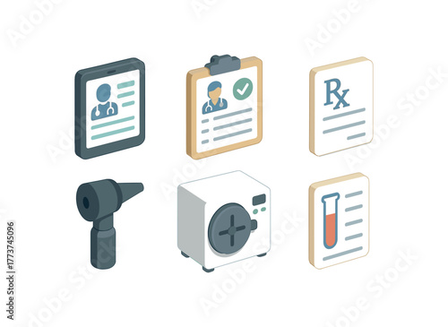 isometric icon items isolated on white background general practitioner EHR interface tablet general practitioner appointment schedule board general practitioner prescription pad general