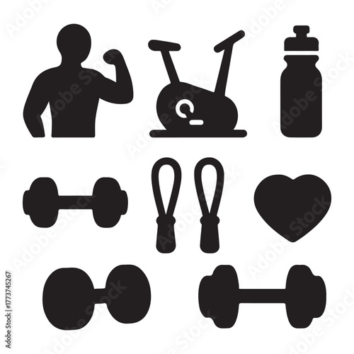 Fitness gym equipment icon set health sport training silhouette
