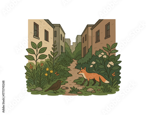rewilding alleyways with native plants micro habitat creation dense cities flat vector illustration style isolated on white background