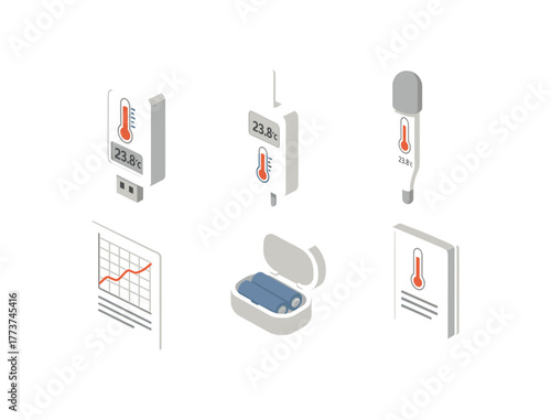 isometric icon items isolated on white background thermometer data logger module thermometer wireless transmitter thermometer ambient shield cap thermometer baseline verification chart