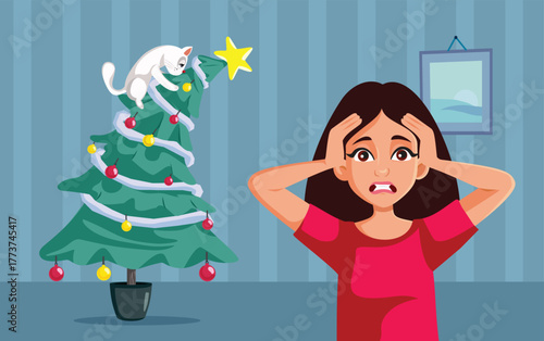 Woman Exasperated by her Cat Climbing Christmas Tree Vector Illustration. Pet owner having problems with her kitty wanting to destroy the ornaments