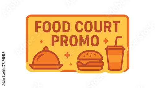 Flat vector banner design text FOOD COURT PROMO supporting icons of tray and cup orange and palette