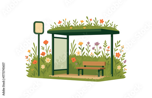 wildflower seeded tram stop ecological urban infrastructure and rewilding design flat vector illustration style isolated on white background