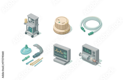 isometric icon items isolated on white background anesthesiologist anesthesia workstation anesthesiologist vaporizor knob anesthesiologist suction tubing anesthesiologist airway management