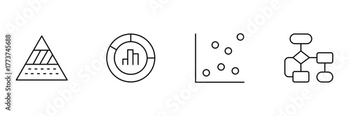 Pyramid chart, donut chart, scatter plot, abstract flowchart icon set, business data analytics vector illustration, minimal infographics art diagram.
