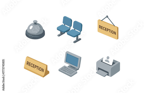 isometric icon items isolated on white background reception desk bell reception waiting chairs reception signboard reception nameplate reception computer terminal reception visitor badge