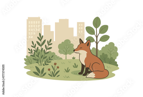 urban fox habitat restoration coexistence and city rewilding success story flat vector illustration style isolated on white background