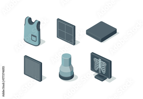 isometric icon items isolated on white background xray image lead apron xray image detector panel xray image film cassette xray image grid filter xray image intensifier tube xray image